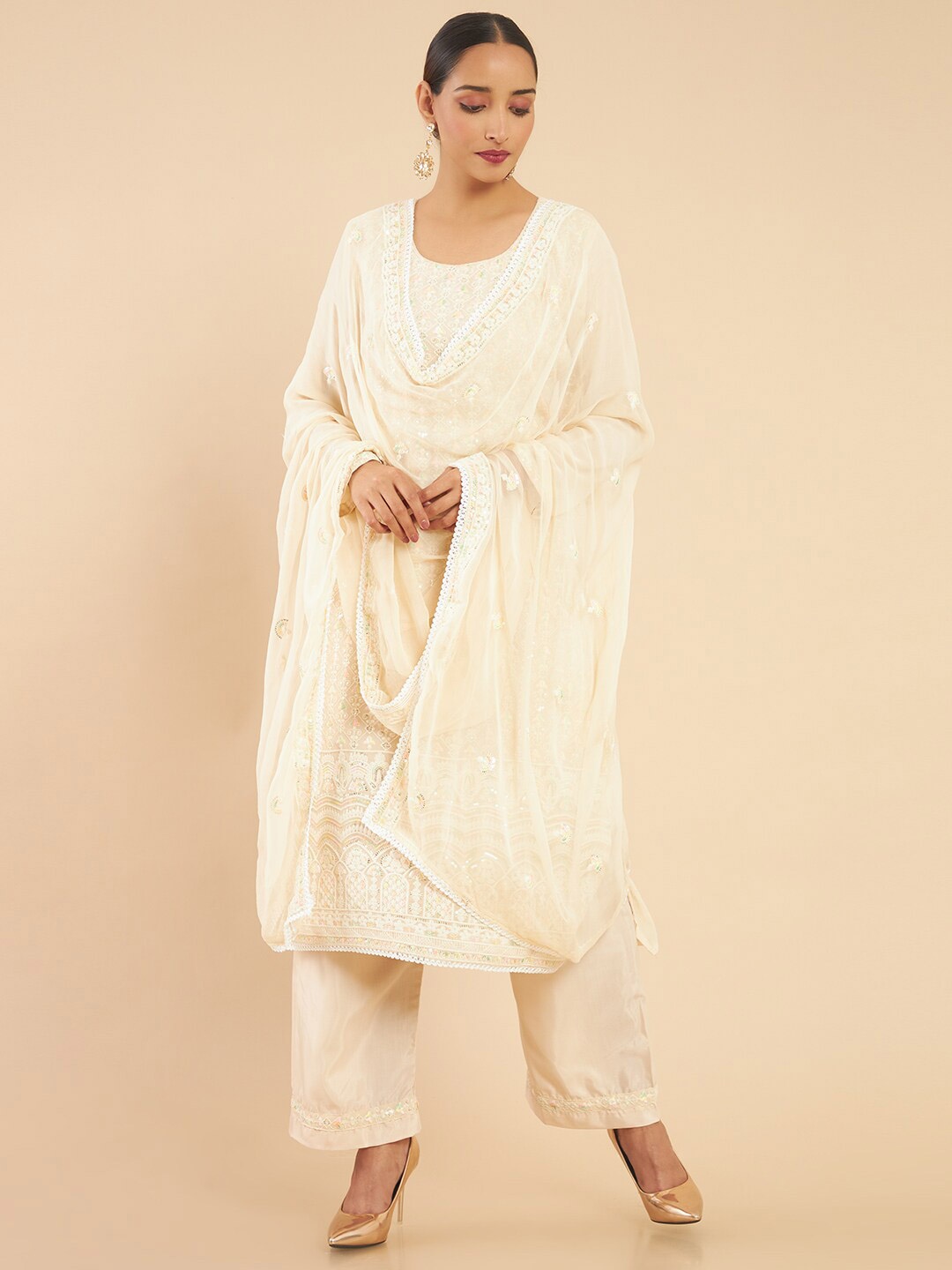 

Soch Beige & White Embroidered Unstitched Dress Material