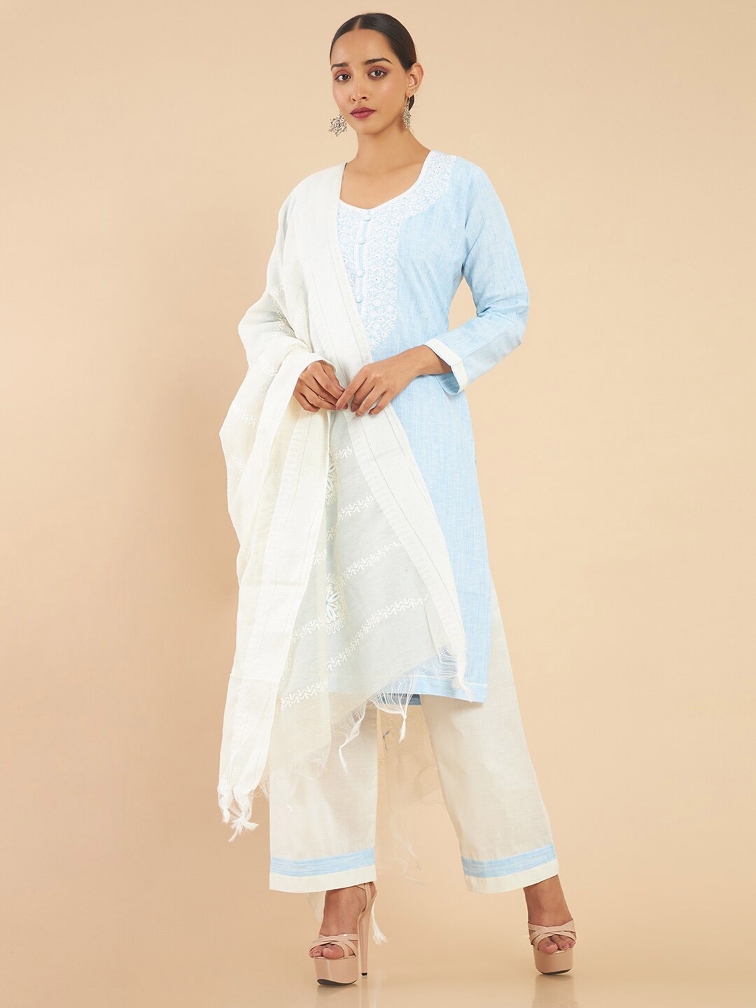 

Soch Blue & White Embroidered Pure Cotton Unstitched Dress Material
