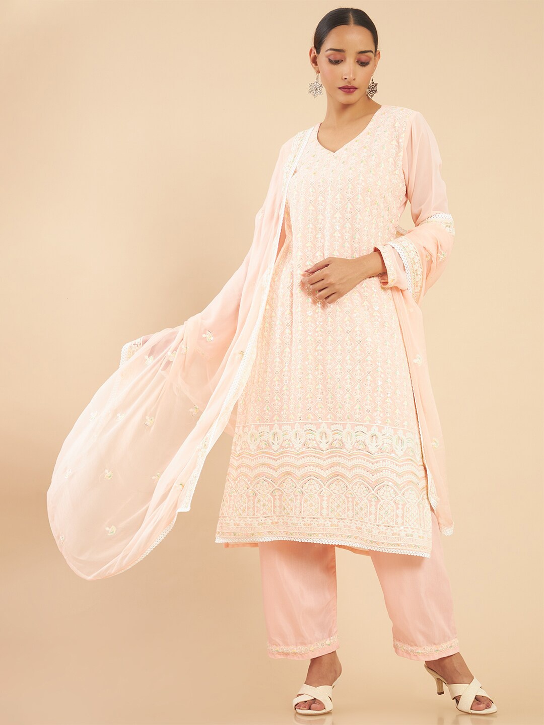 

Soch Coral & White Embroidered Unstitched Dress Material