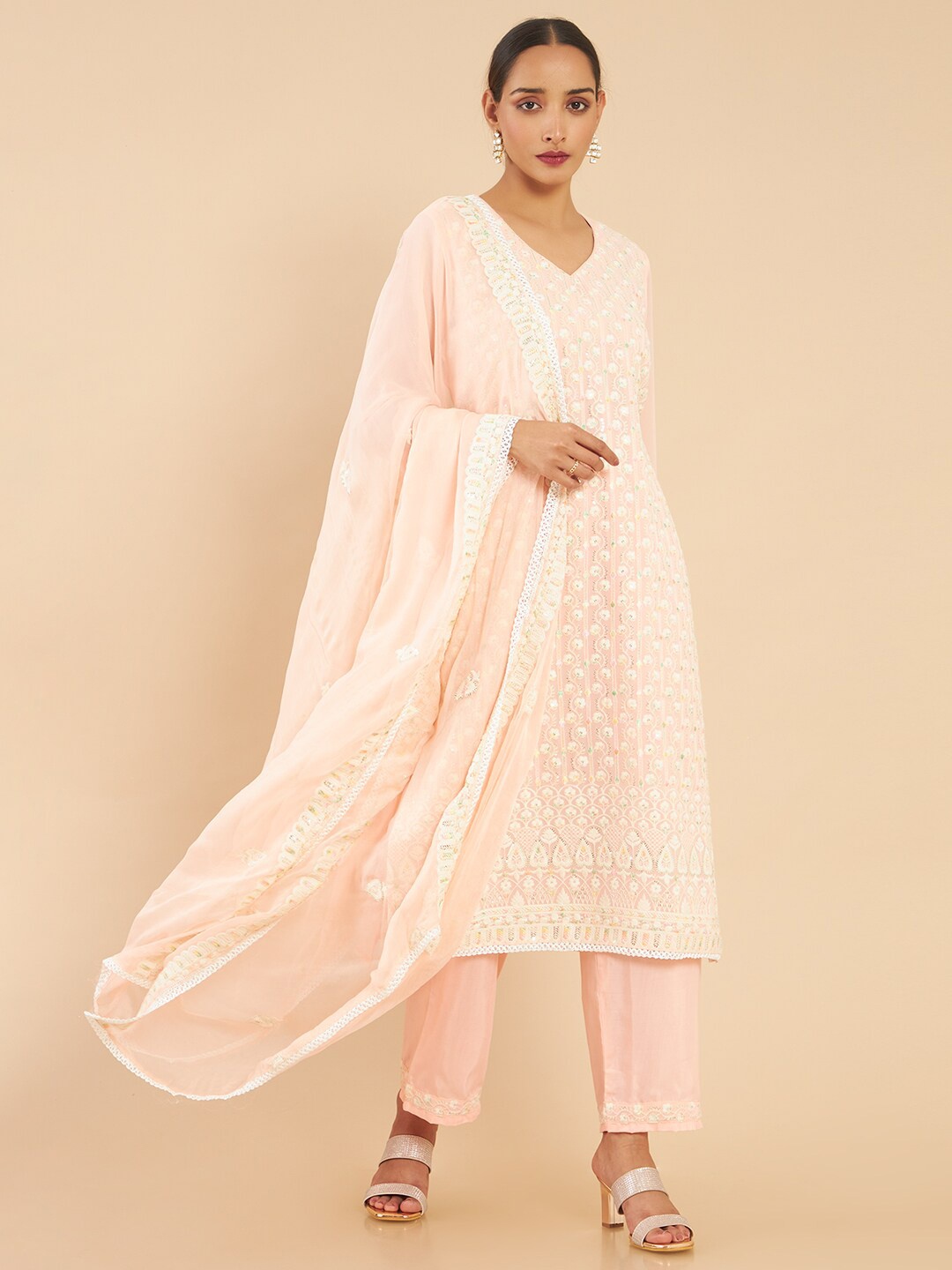 

Soch Coral & White Embroidered Unstitched Dress Material