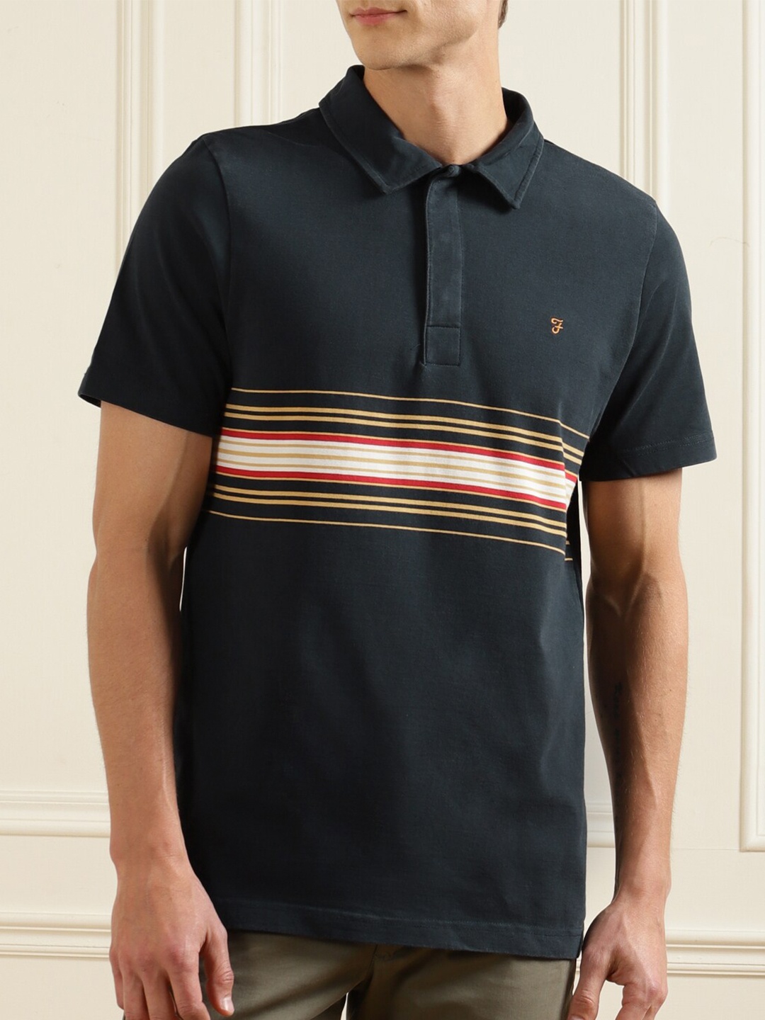 

Farah Men Navy Blue Striped Polo Collar T-shirt