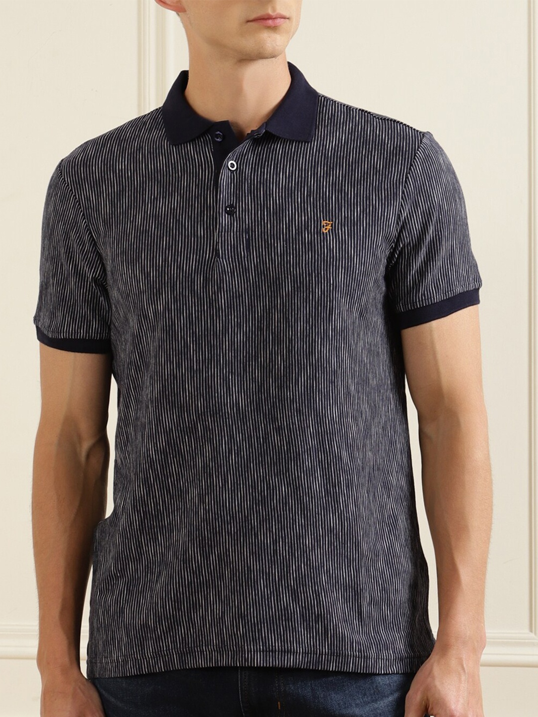 

Farah Men Navy Blue Striped Polo Collar Applique T-shirt