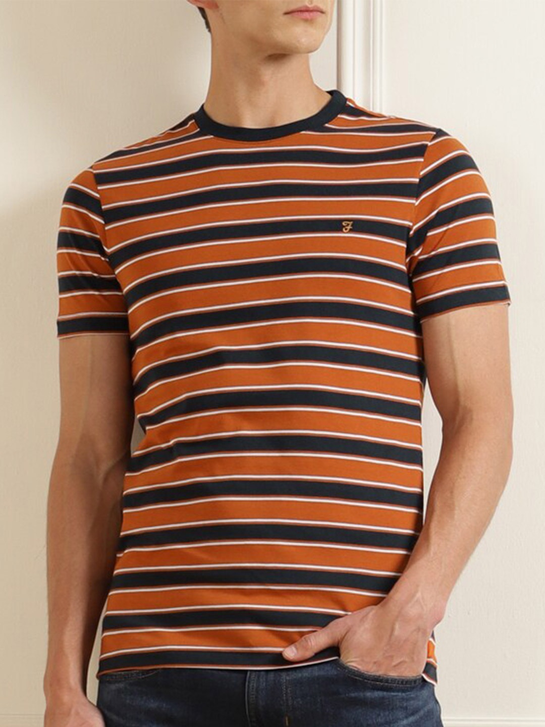 

Farah Men Navy Blue & rust Striped T-shirt