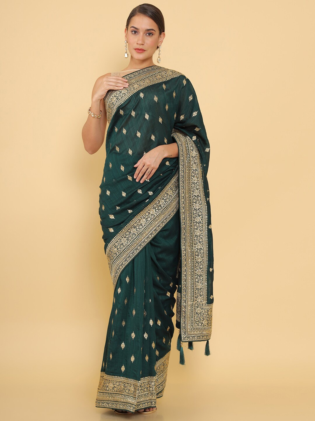 

Soch Green Woven Design Zari Silk Blend Tussar Saree