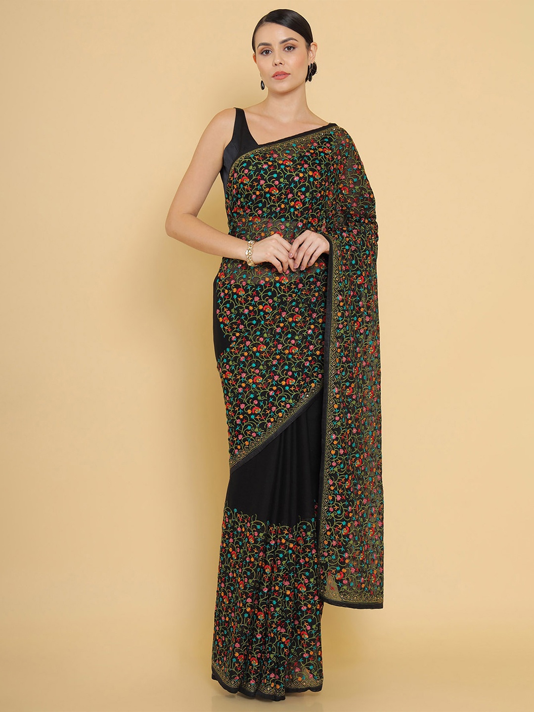 

Soch Black Chiffon Saree With Floral Embroidery And Embellished Borders