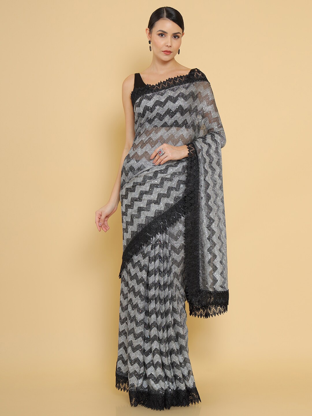 

Soch Grey & Black Embroidered Pure Georgette Saree