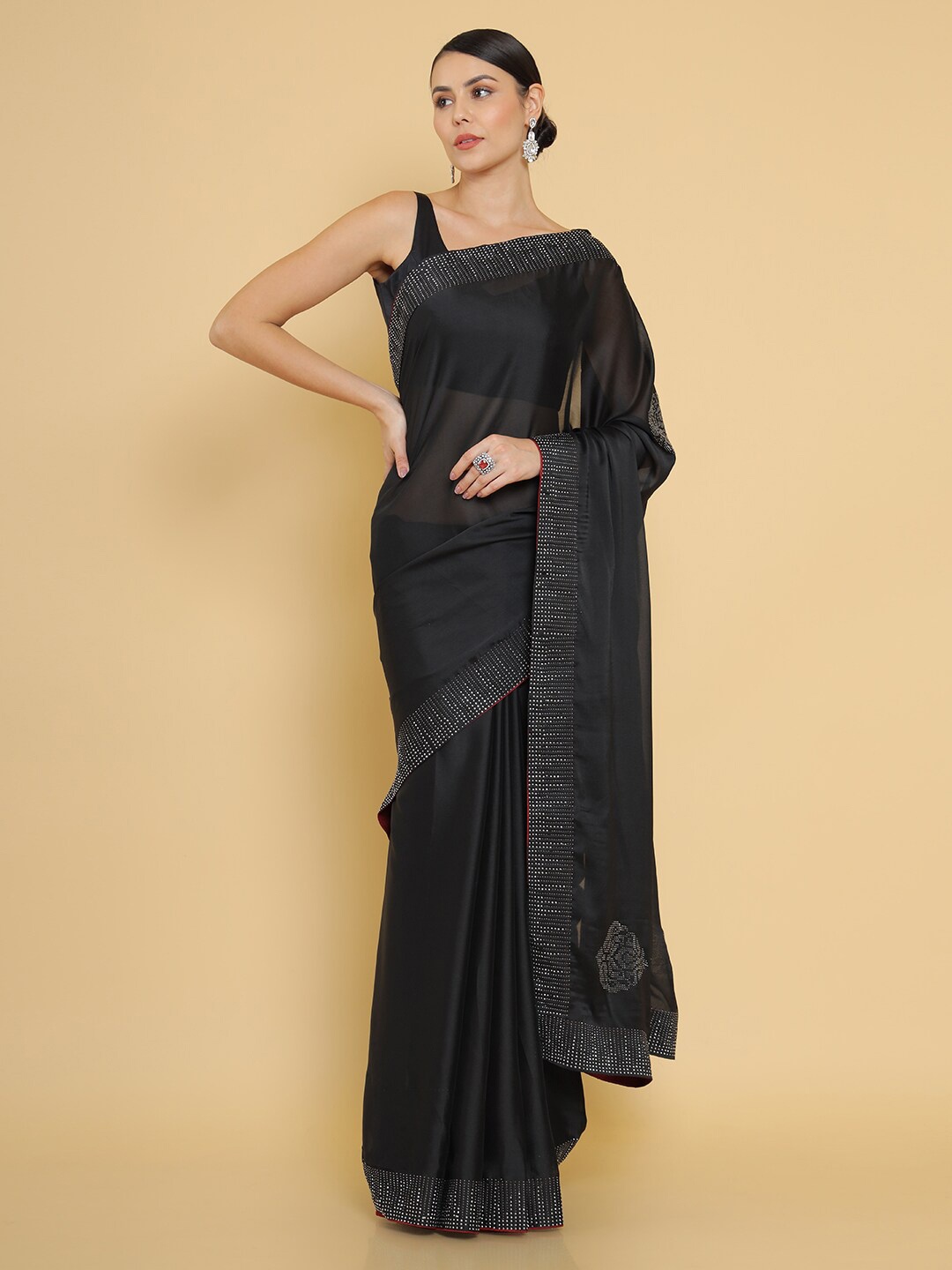

Soch Black & Silver-Toned Beads and Stones Pure Georgette Saree