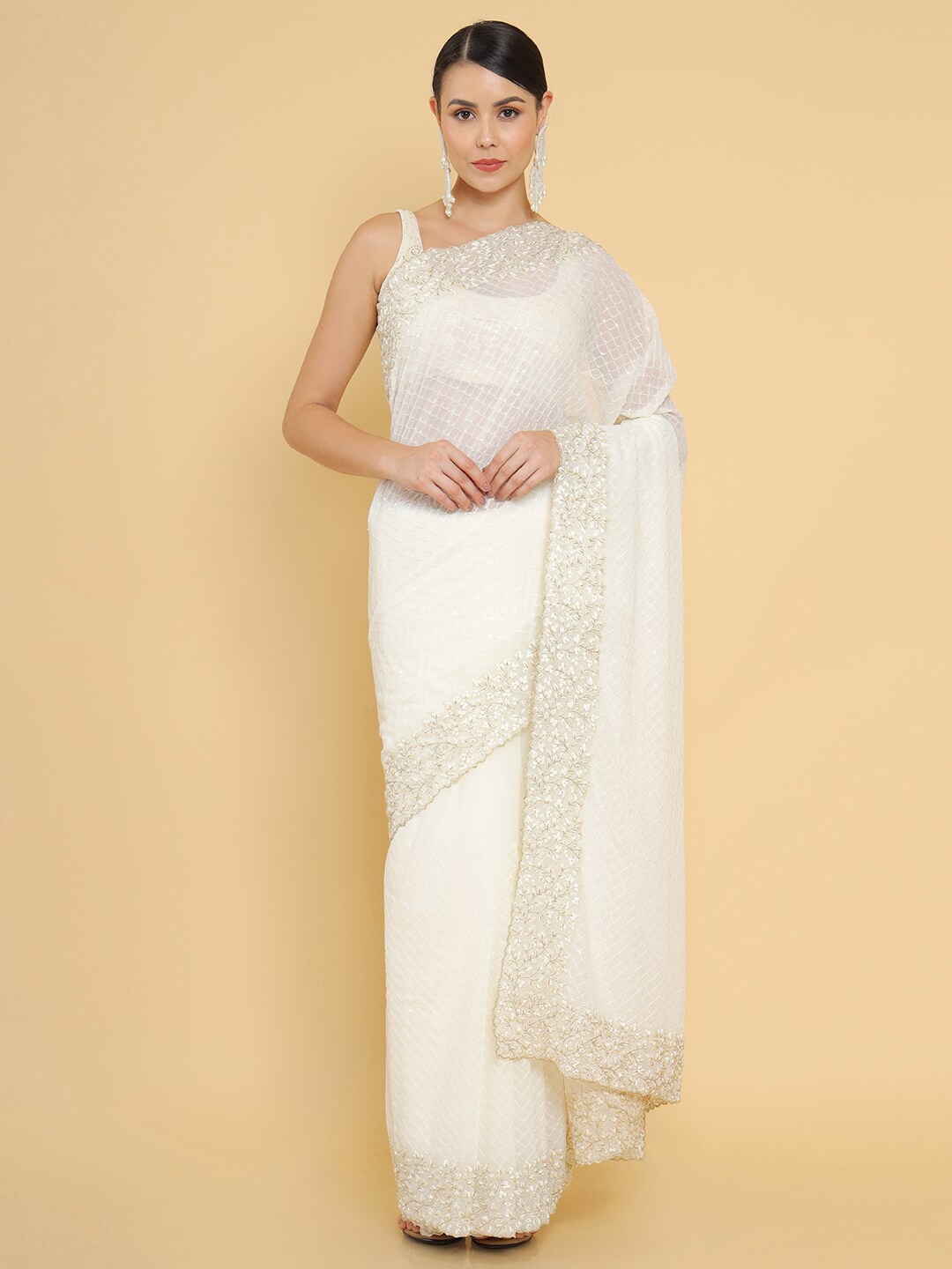 

Soch Cream-Coloured & Gold-Toned Embroidered Pure Georgette Saree