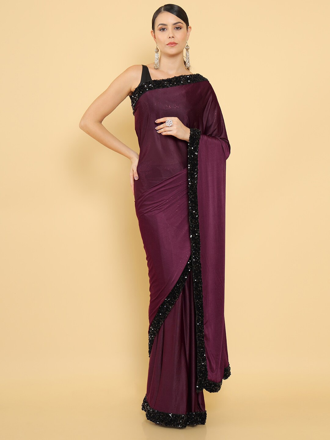 

Soch Purple & Black Embellished Sequinned Satin Saree