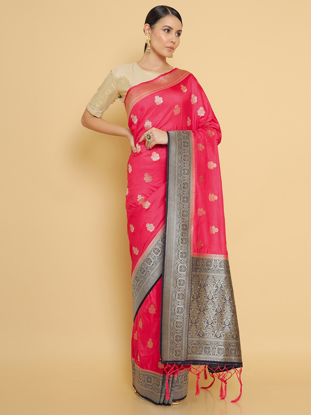 

Soch Pink & Blue Floral Zari Silk Blend Banarasi Saree