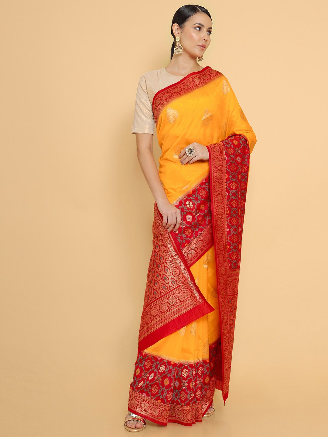 

Soch Yellow & Red Woven Design Zari Silk Blend Banarasi Saree