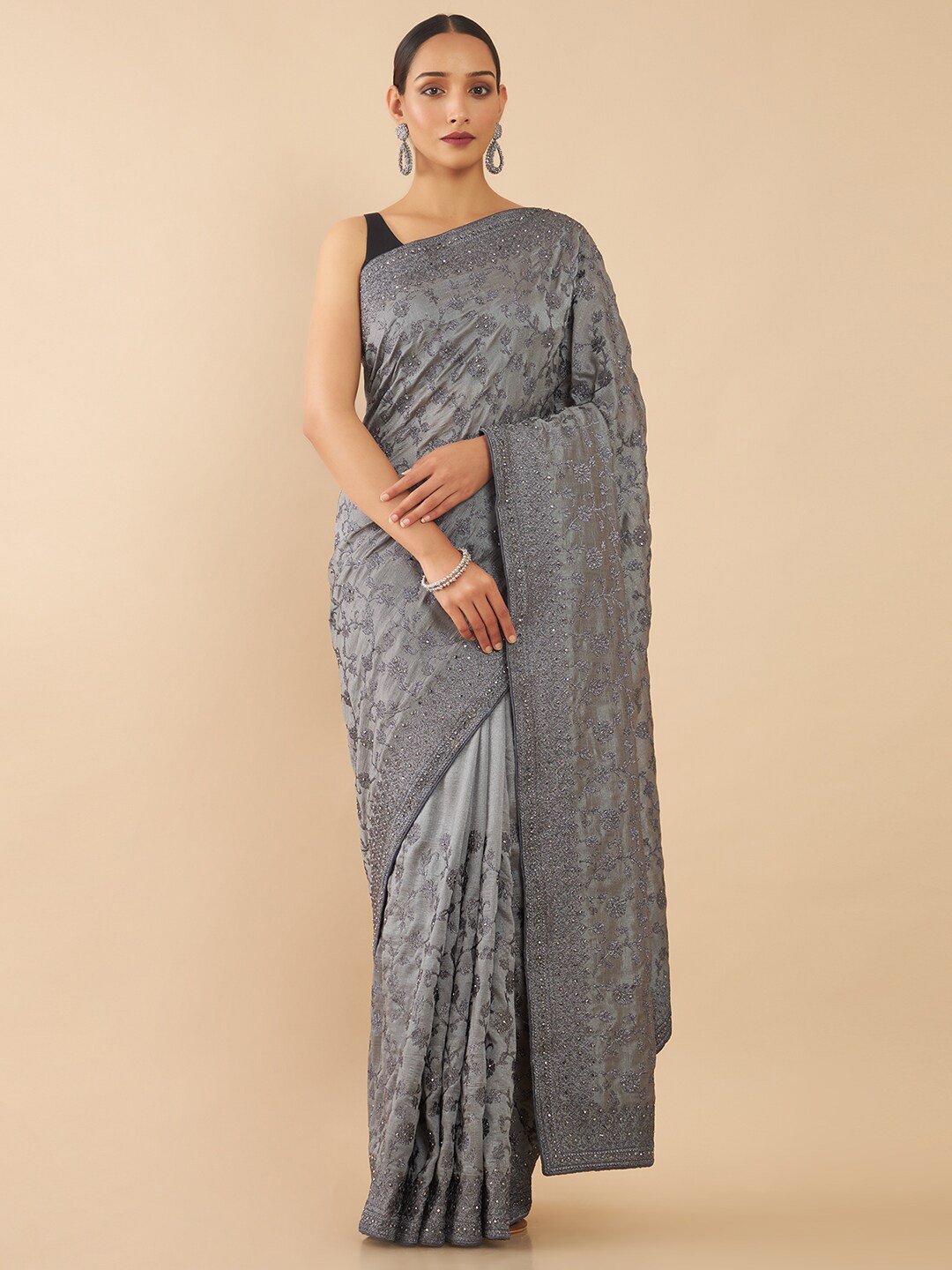 

Soch Grey Floral Silk Blend Tussar Saree