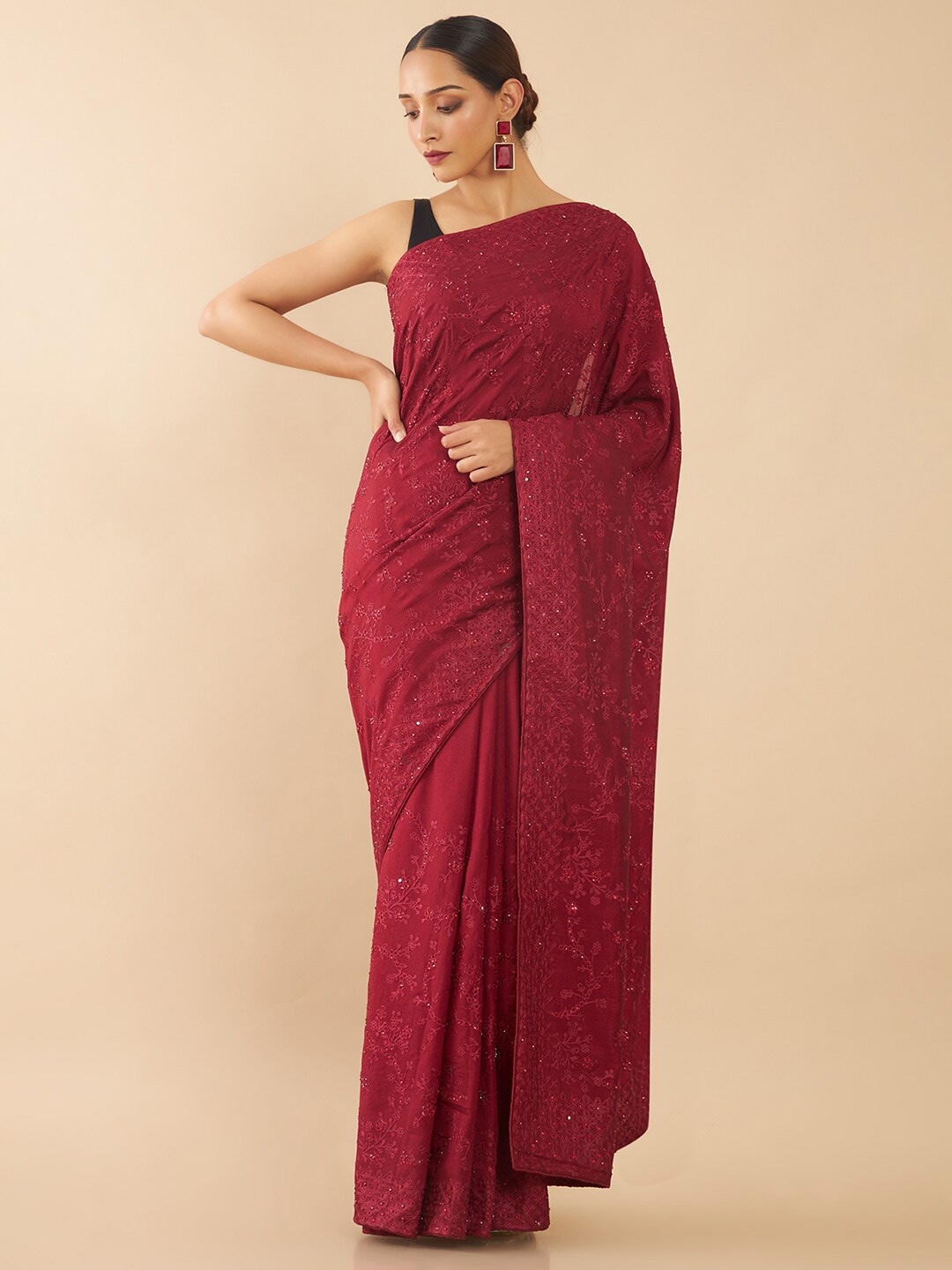 

Soch Maroon Floral Beads and Stones Pure Georgette Saree