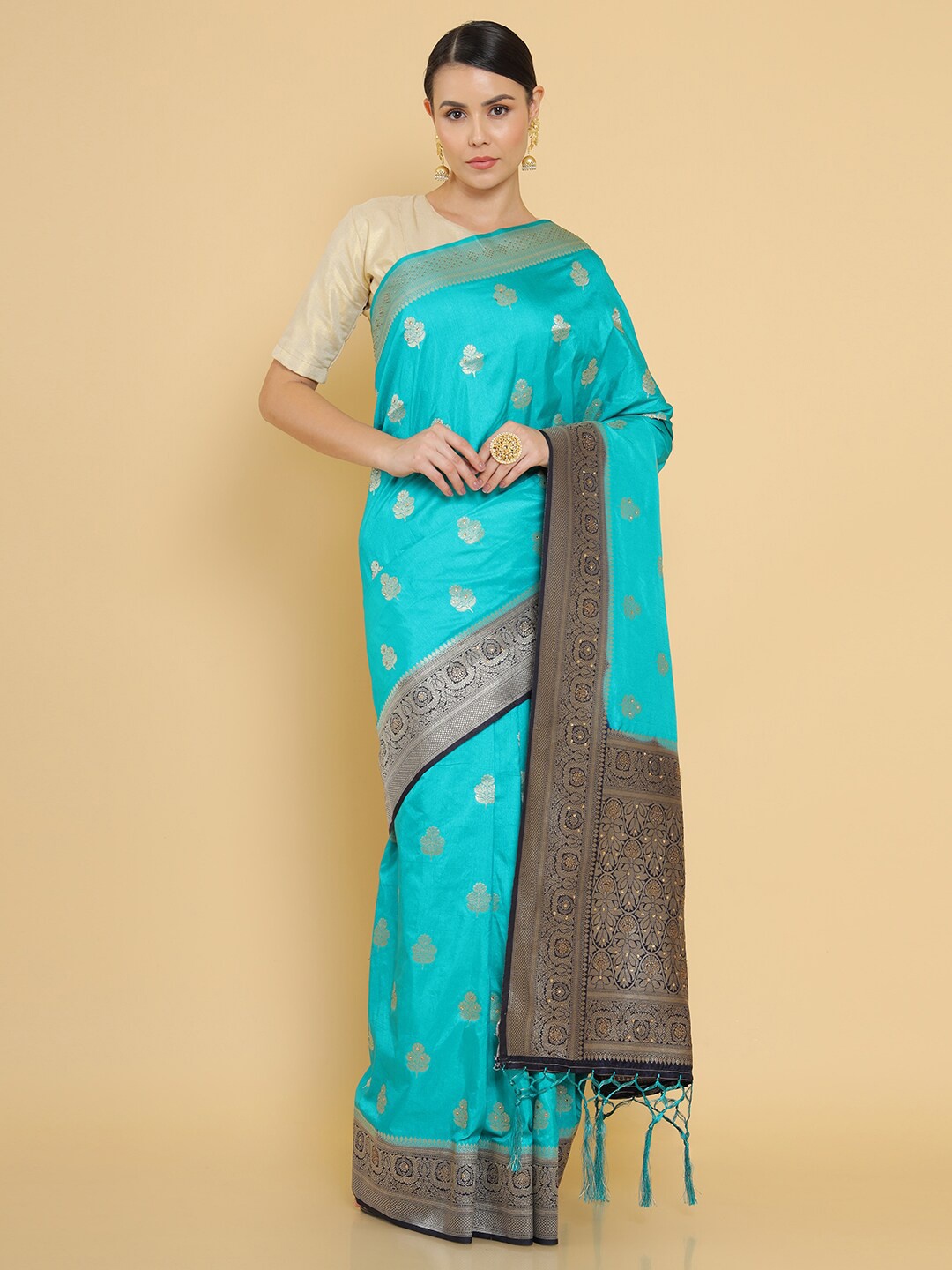 

Soch Blue & Gold-Toned Woven Design Zari Silk Blend Banarasi Saree