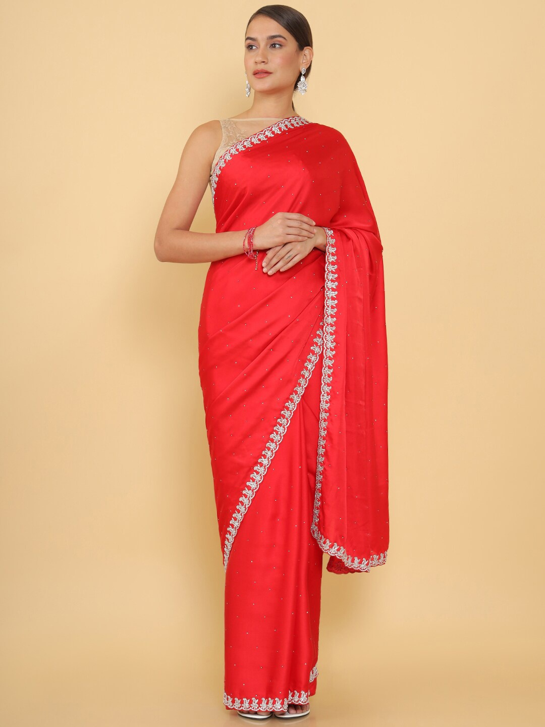 

Soch Red & White Embellished Beads and Stones Satin Saree