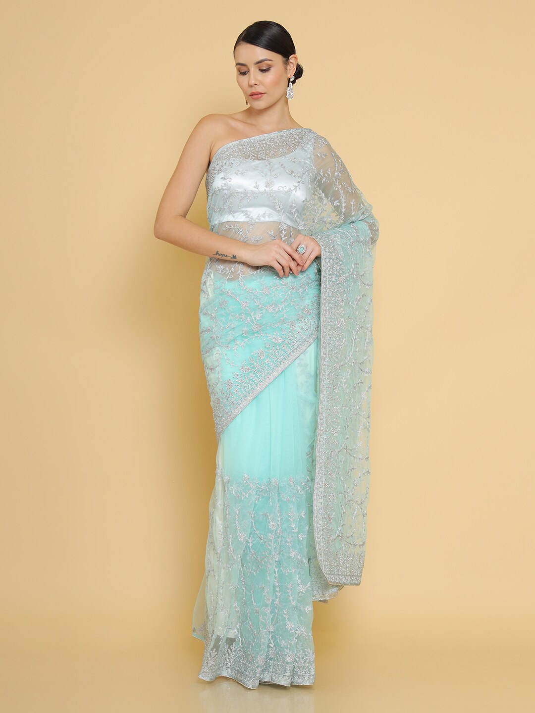 

Soch Sea Green & Silver-Toned Floral Embroidered Net Saree