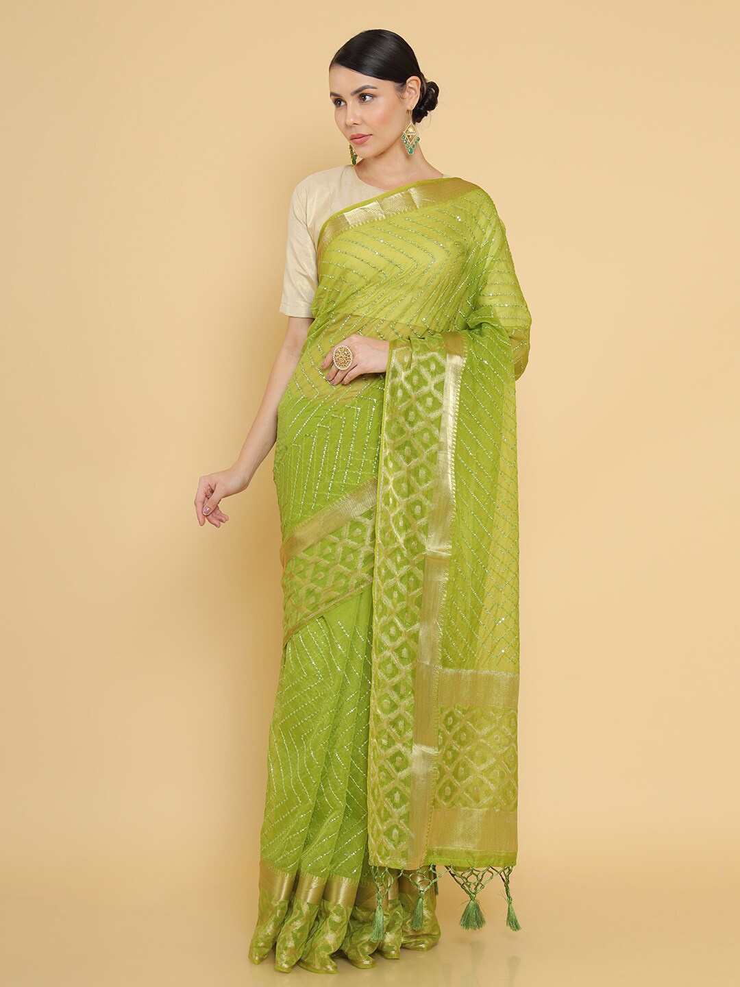 

Soch Green & Gold-Toned Striped Zari Organza Saree