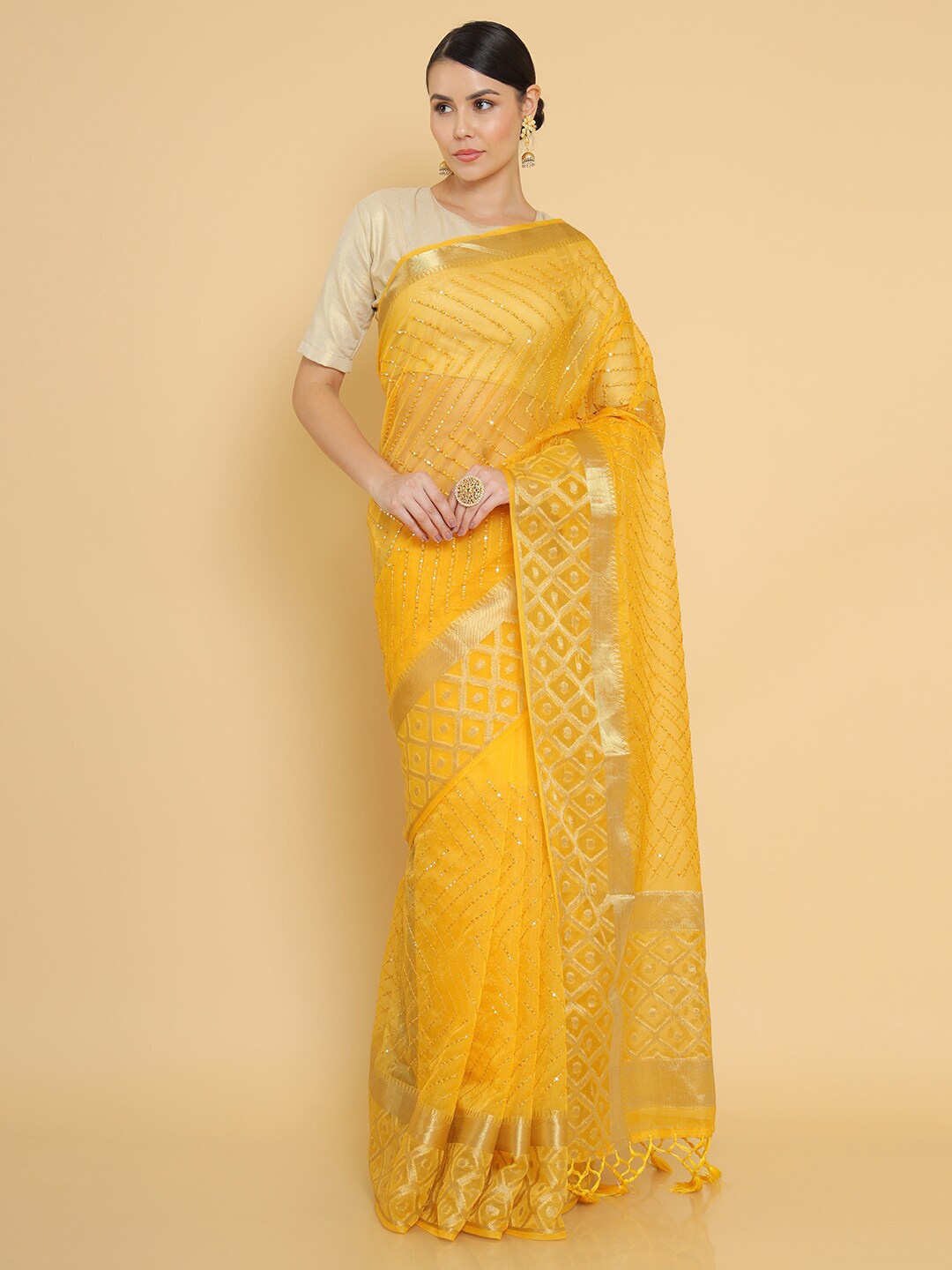 

Soch Yellow & Gold-Toned Woven Design Zari Organza Saree