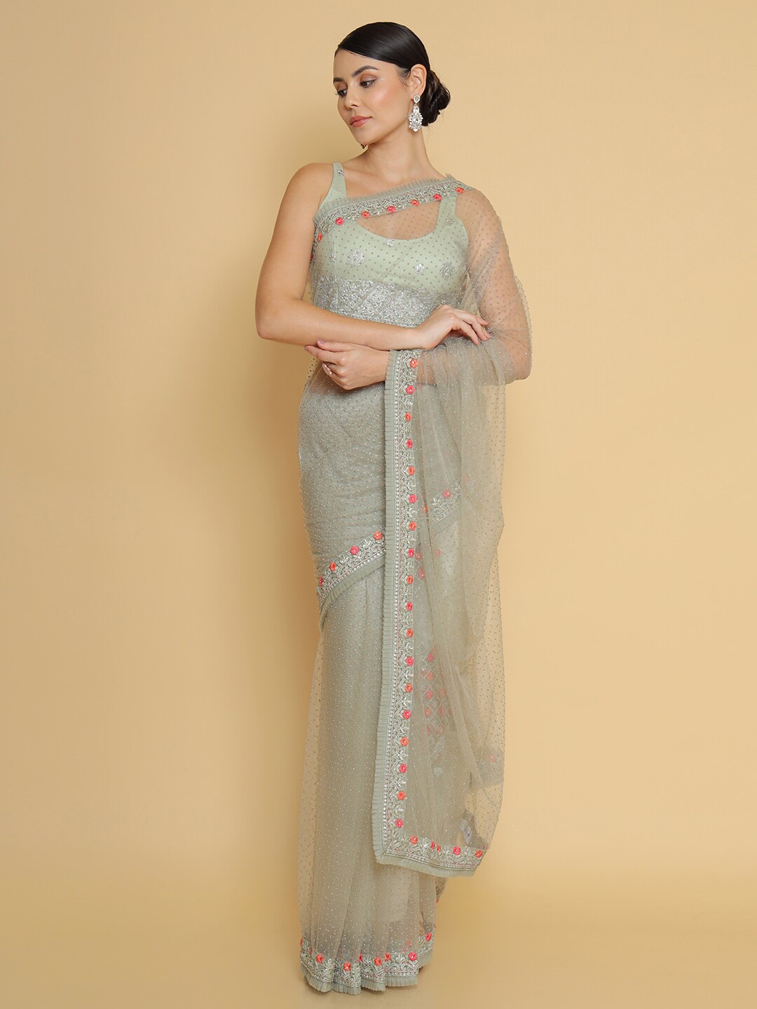 

Soch Green & Pink Floral Beads and Stones Net Saree