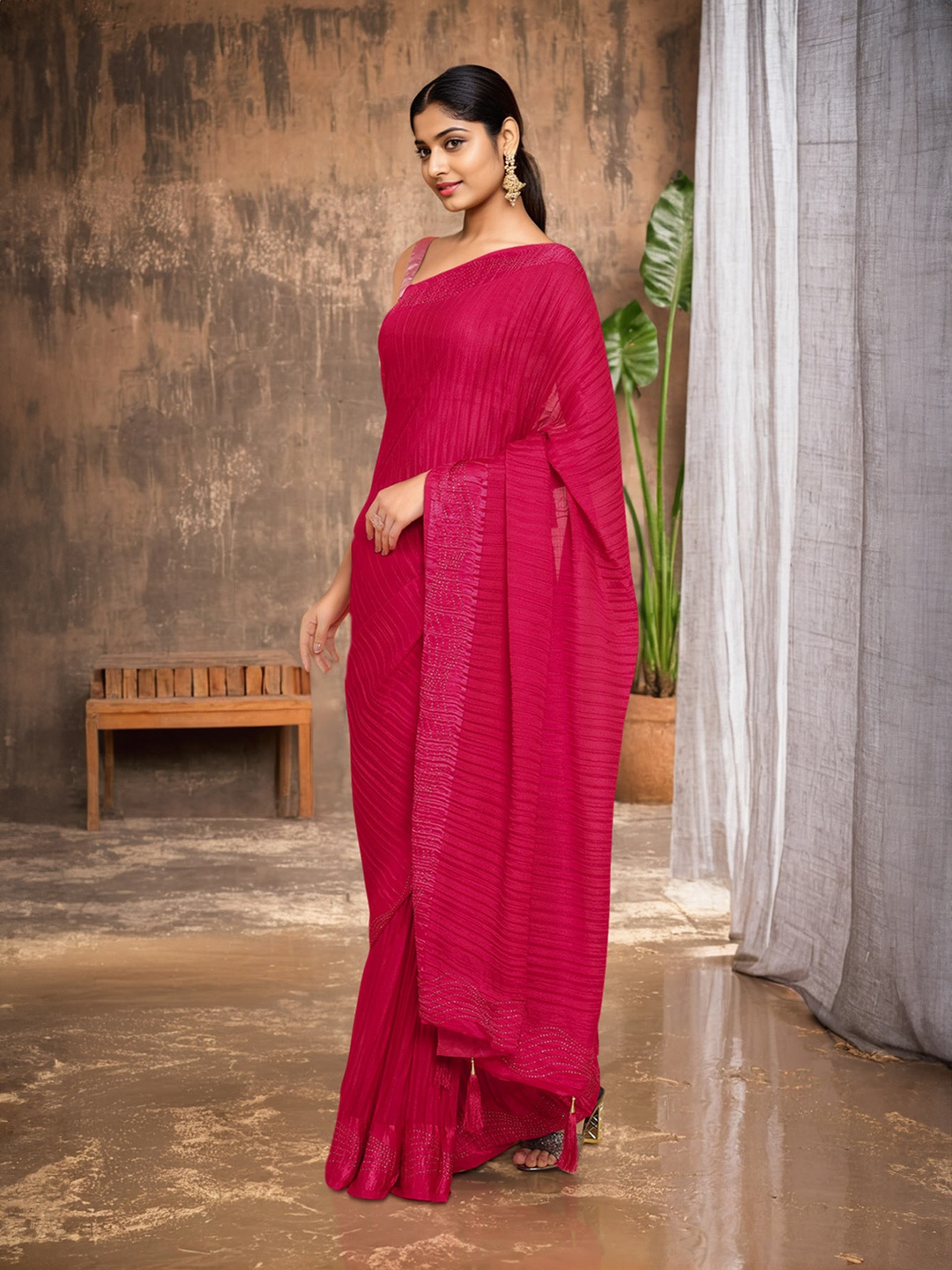 

Soch Pink & Silver-Toned Beads and Stones Saree