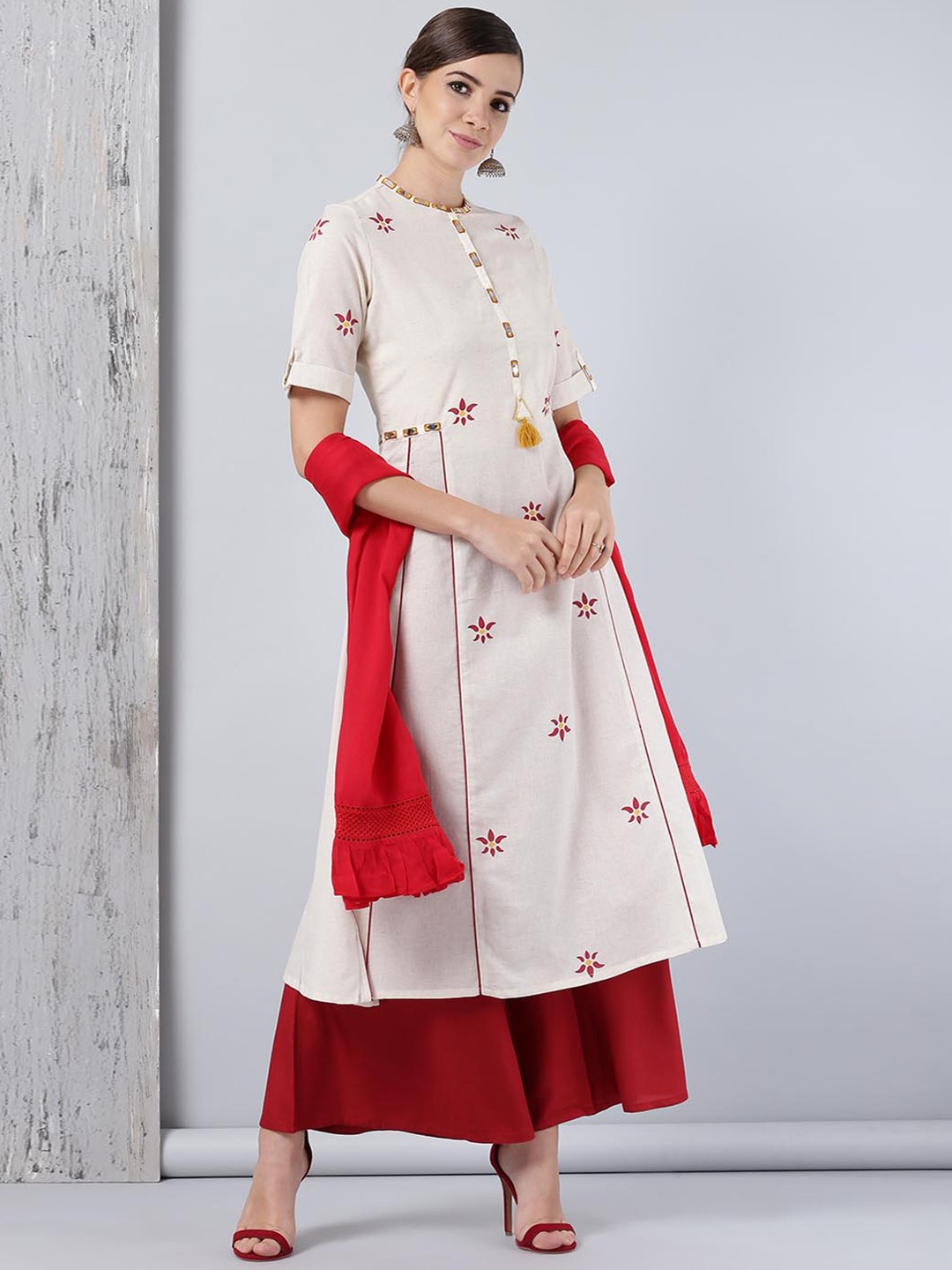 

Lakshita Women Beige Ethnic Motifs Printed Mirror Work Cotton Linen A-line Kurta