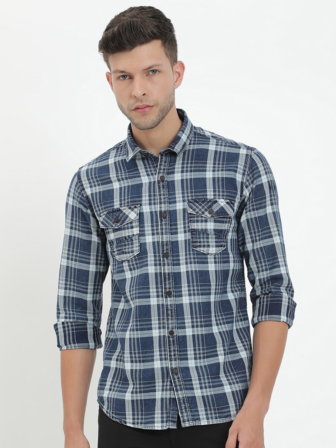 

V2 Value & Variety Men Navy Blue Tartan Checks Checked Casual Shirt