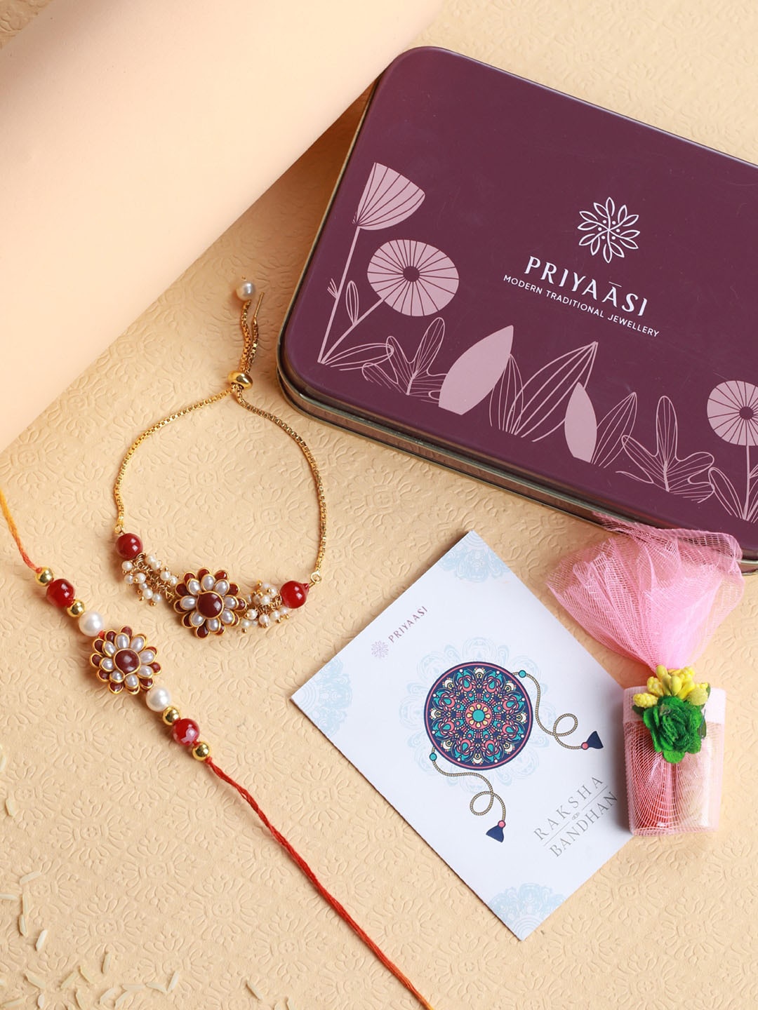 

Priyaasi Pack of 2 Floral Pearl Rakhi with Roli Chawal & Card, White