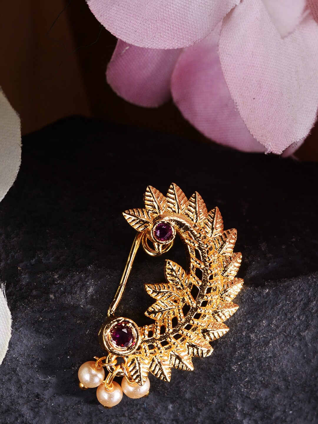 

Saraf RS Jewellery Gold-Toned & Red Stone Studded Marathi Nosepin