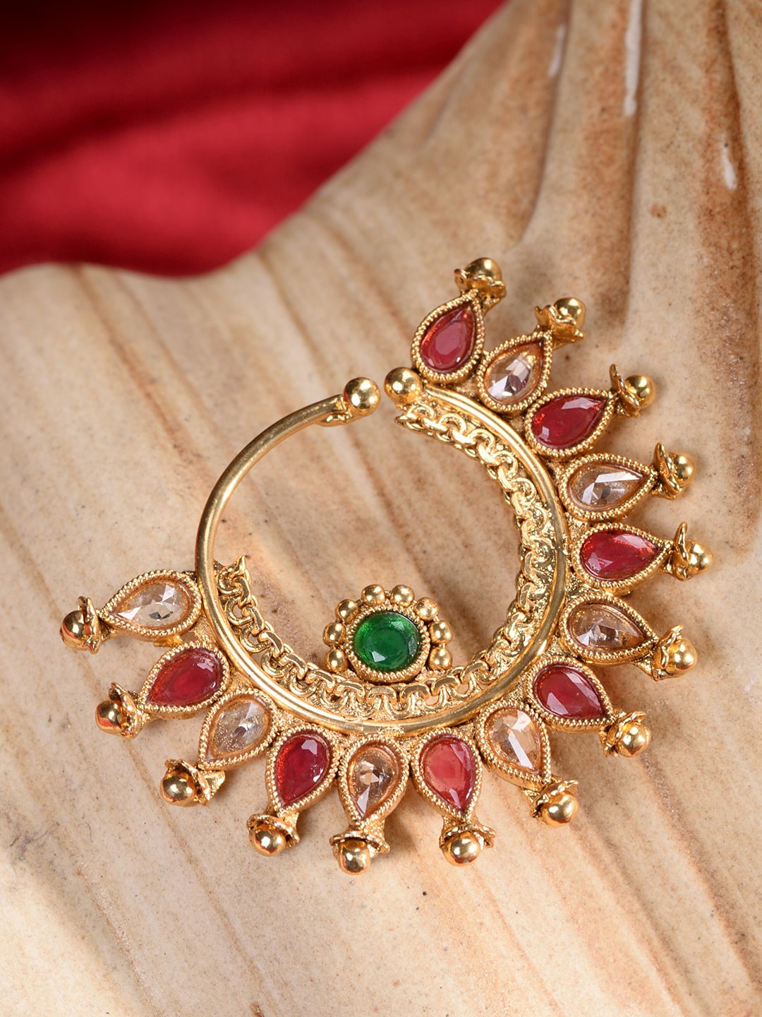 

Saraf RS Jewellery Gold-Plated Red Stone-Studded Nosepin