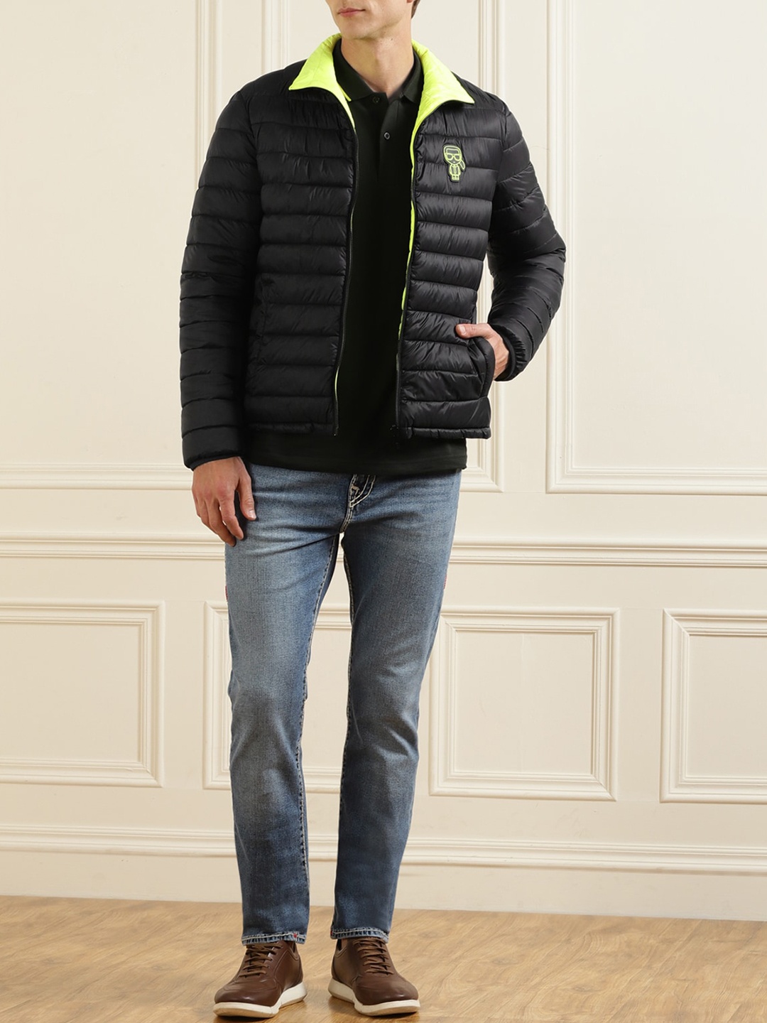 

Karl Lagerfeld Men Black Reversible Puffer Jacket with Patchwork