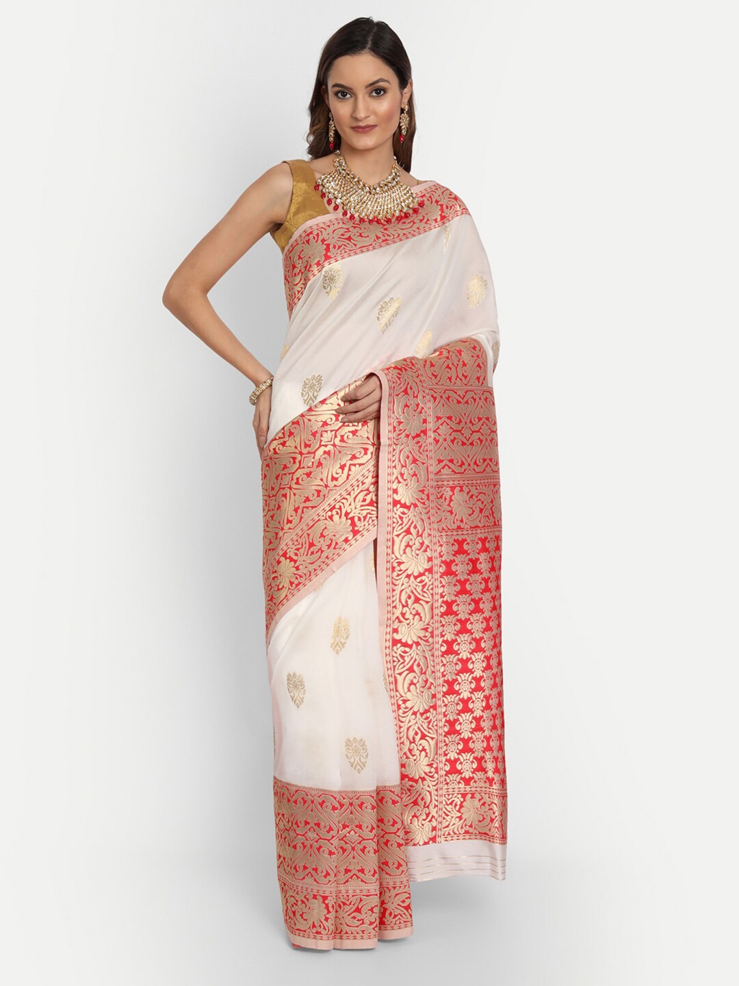 

Morang White & Red Woven Design Zari Art Silk Banarasi Saree