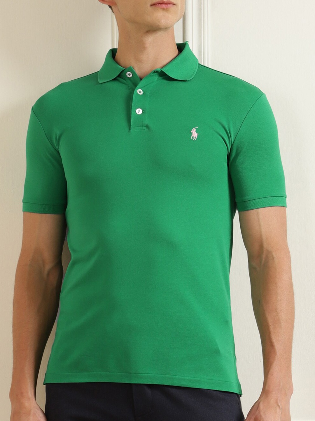 

Polo Ralph Lauren Men Green Solid Polo Collar Applique T-shirt
