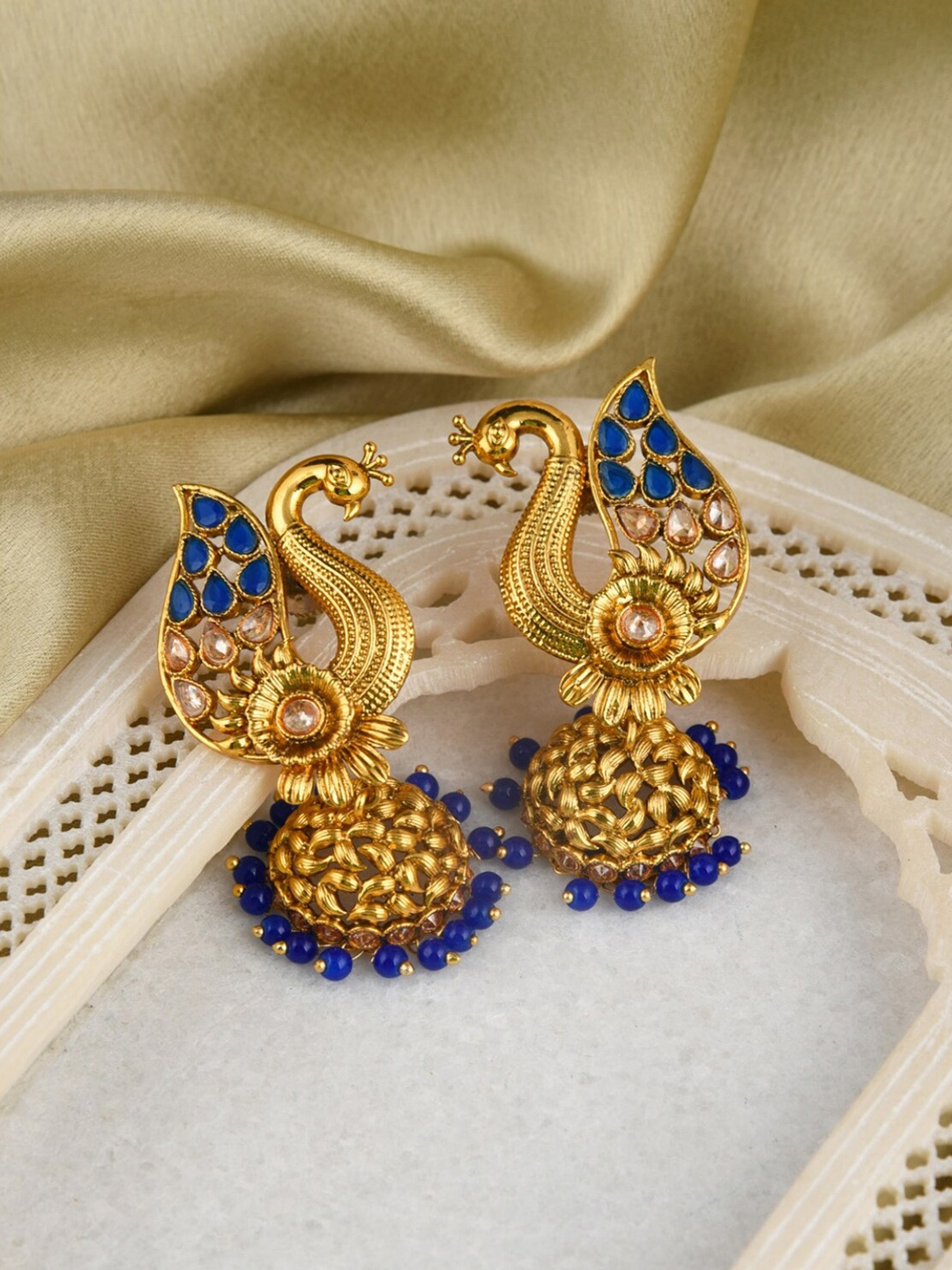 

FIROZA Gold-Toned Peacock Shaped Jhumkas Earrings