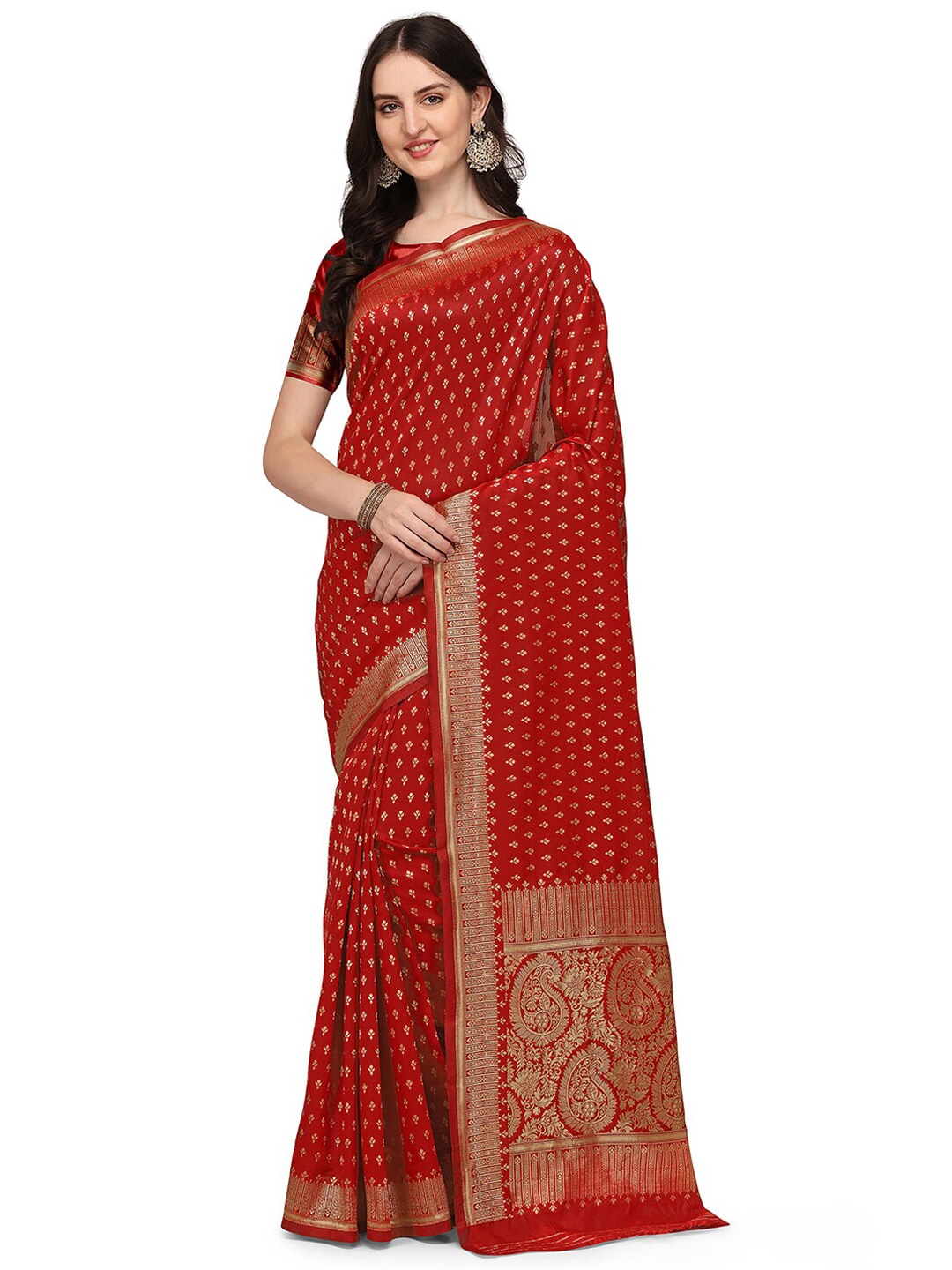 

Anjaneya Sarees Red & Gold-Toned Woven Design Zari Art Silk Banarasi Saree