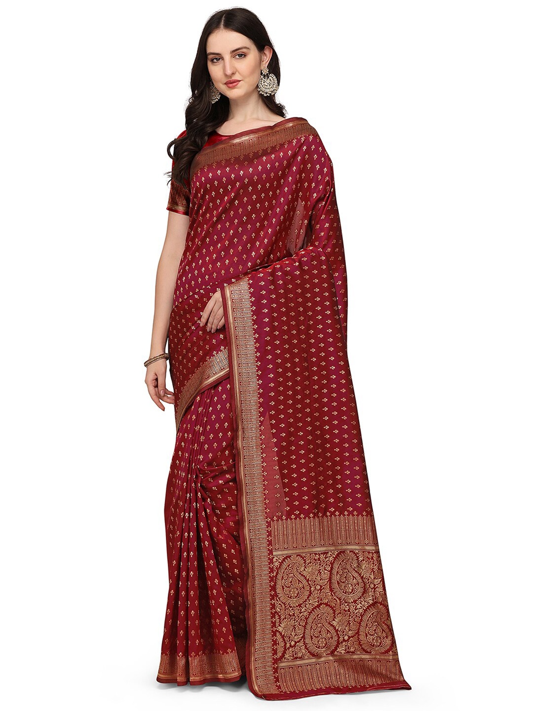 

Anjaneya Sarees Maroon & Gold-Toned Woven Design Zari Art Silk Banarasi Saree