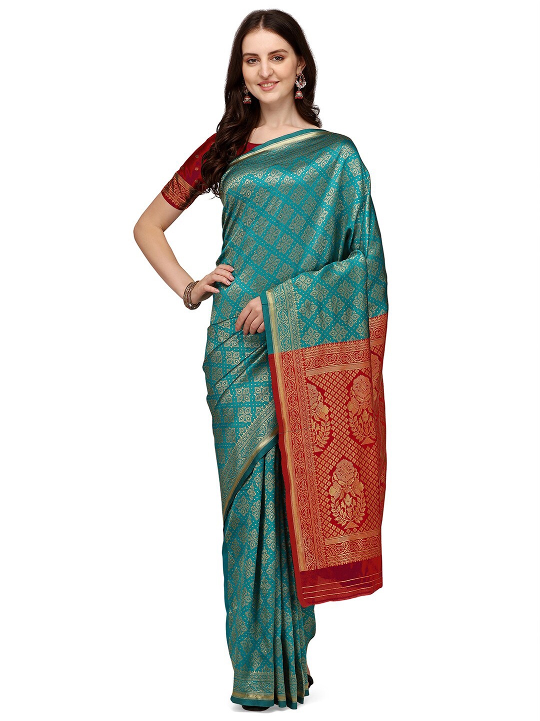 

Anjaneya Sarees Green & Maroon Woven Design Zari Art Silk Banarasi Saree