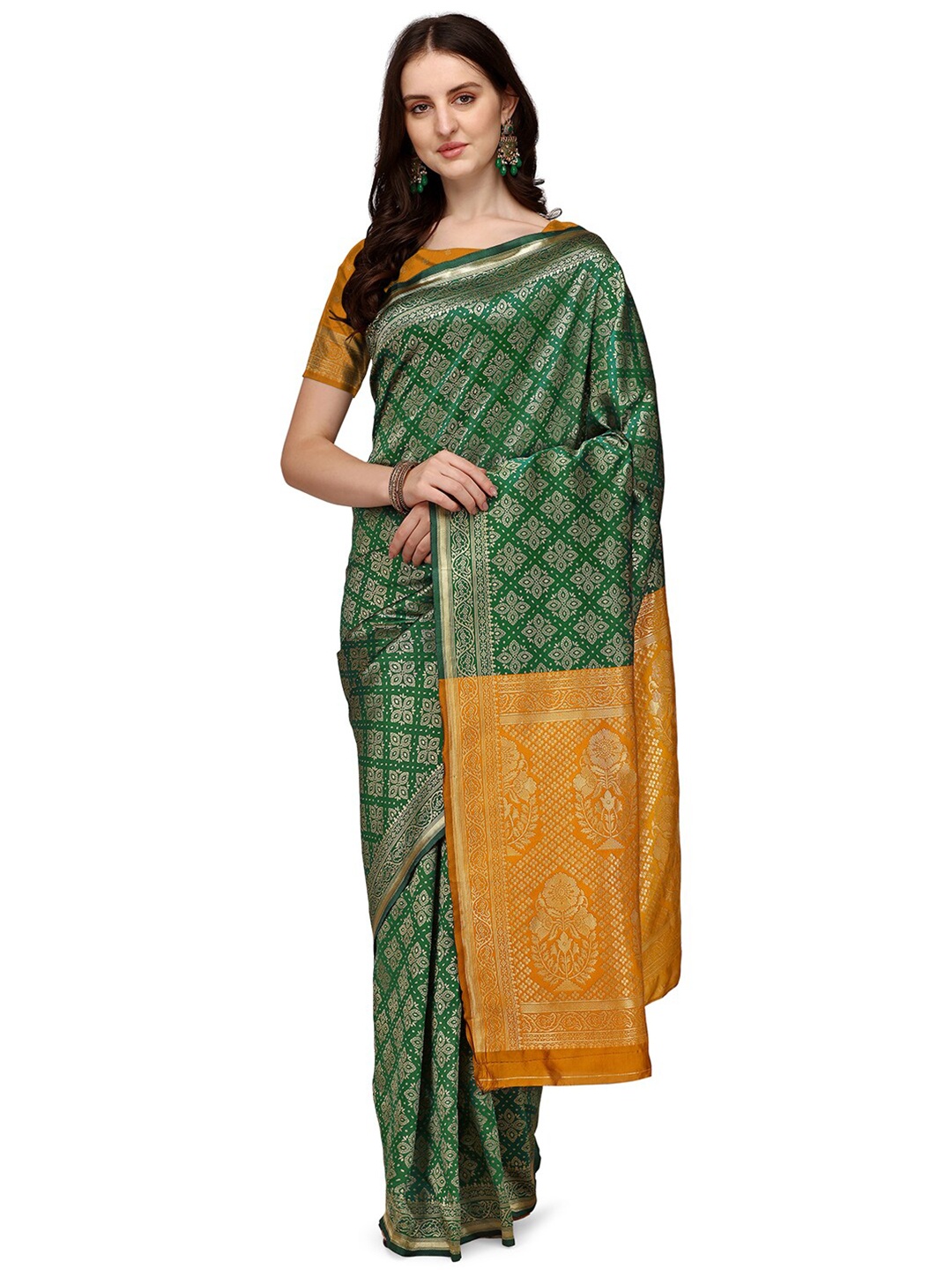 

Anjaneya Sarees Green & Yellow Floral Zari Art Silk Banarasi Saree