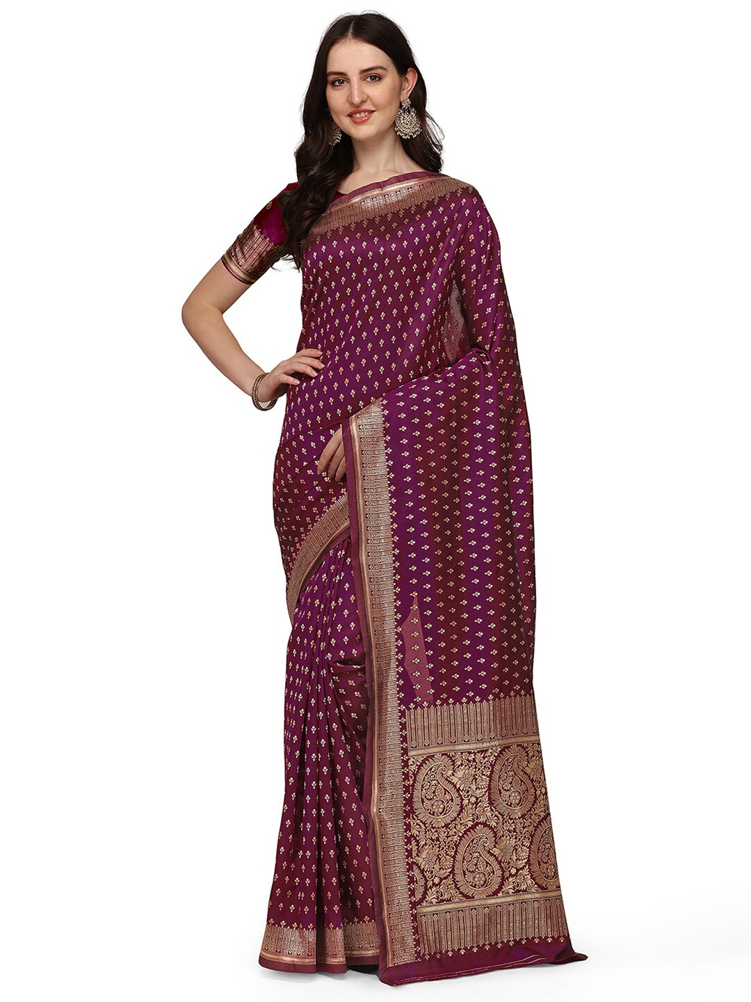 

Anjaneya Sarees Purple & Gold-Toned Paisley Art Silk Banarasi Saree