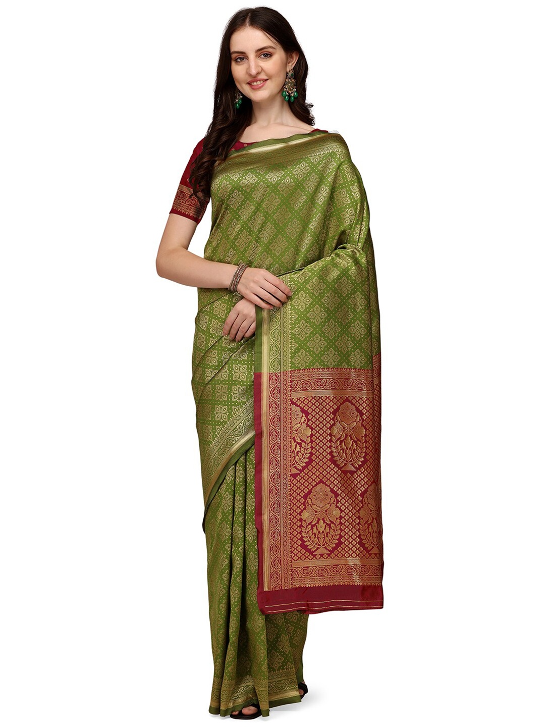 

Anjaneya Sarees Olive Green & Red Floral Zari Art Silk Banarasi Saree