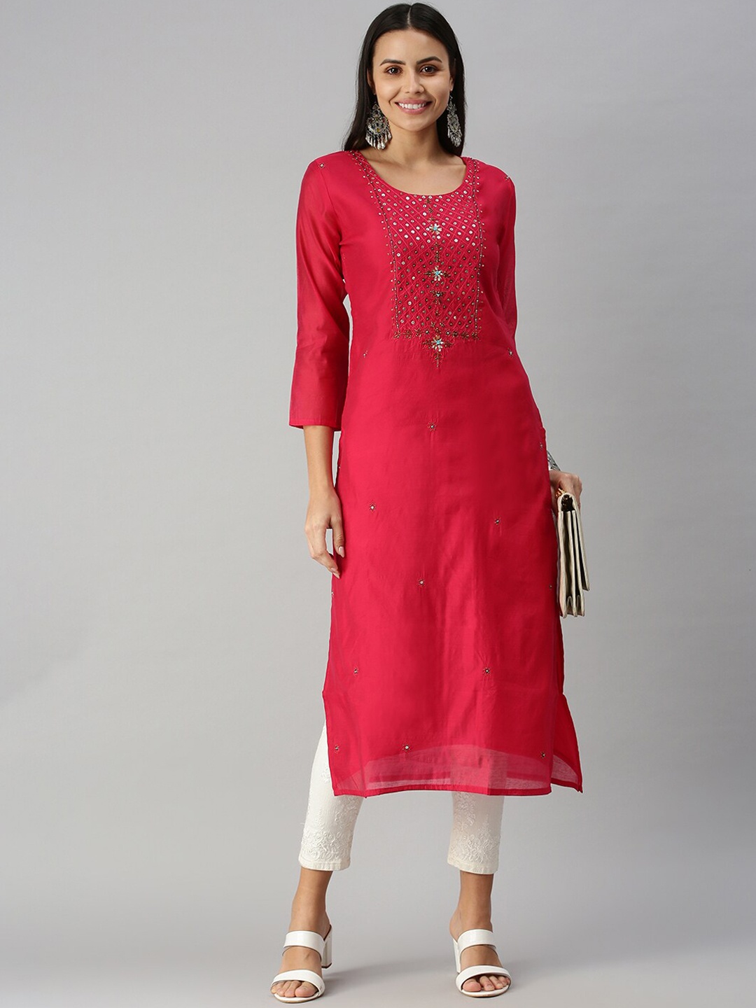 

SHOWOFF Women Pink Floral Embroidered Mirror Work Kurta