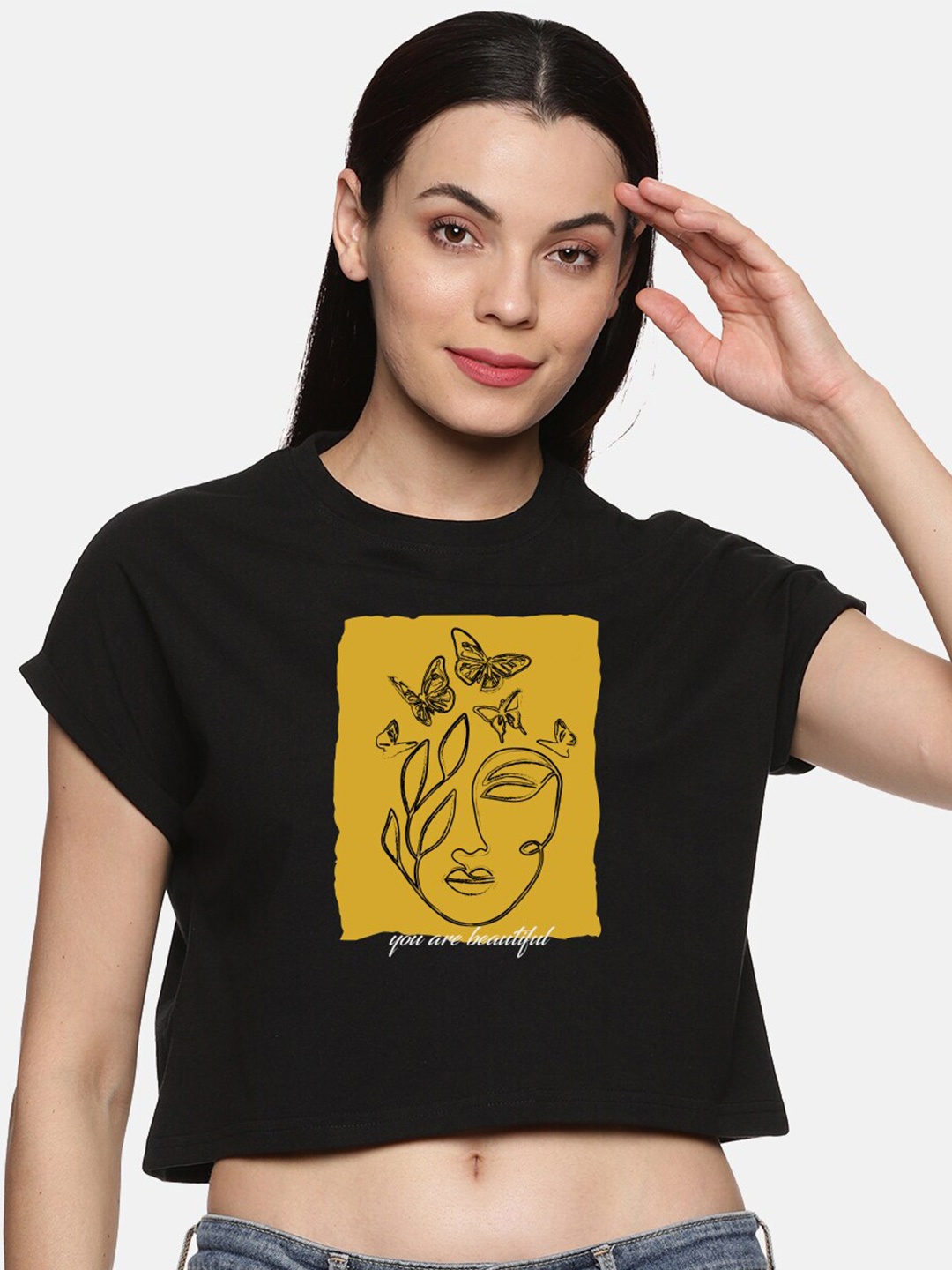 

BEVERLY BLUES Women Black & brown Printed Extended Sleeves T-shirt