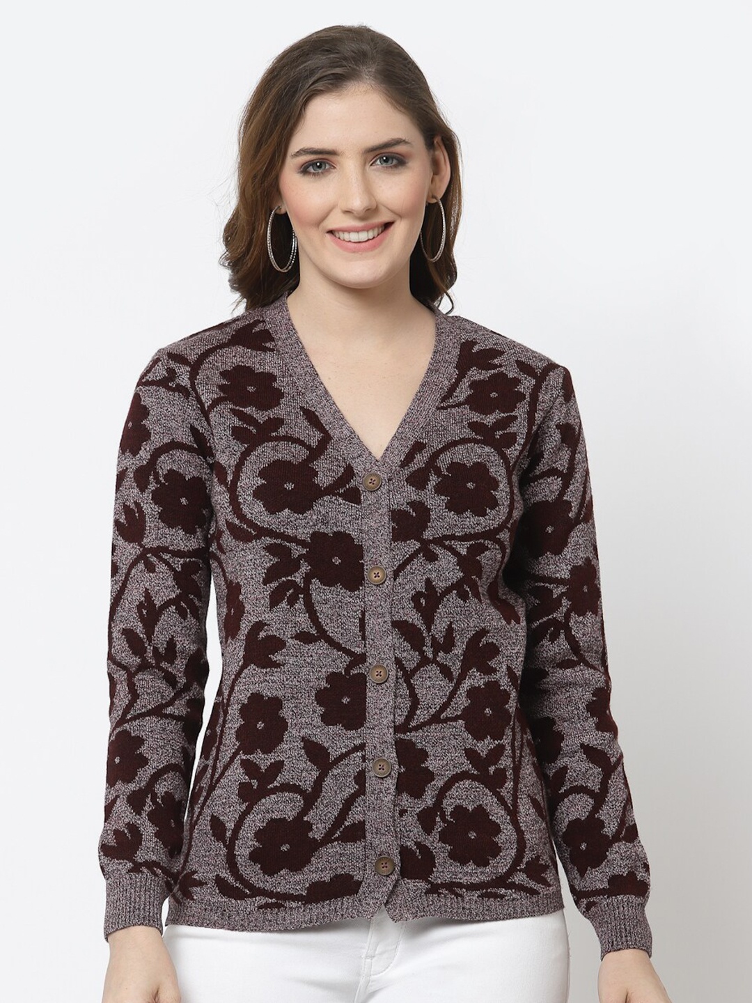 

Kalt Women Maroon & Black Floral Printed Cardigan