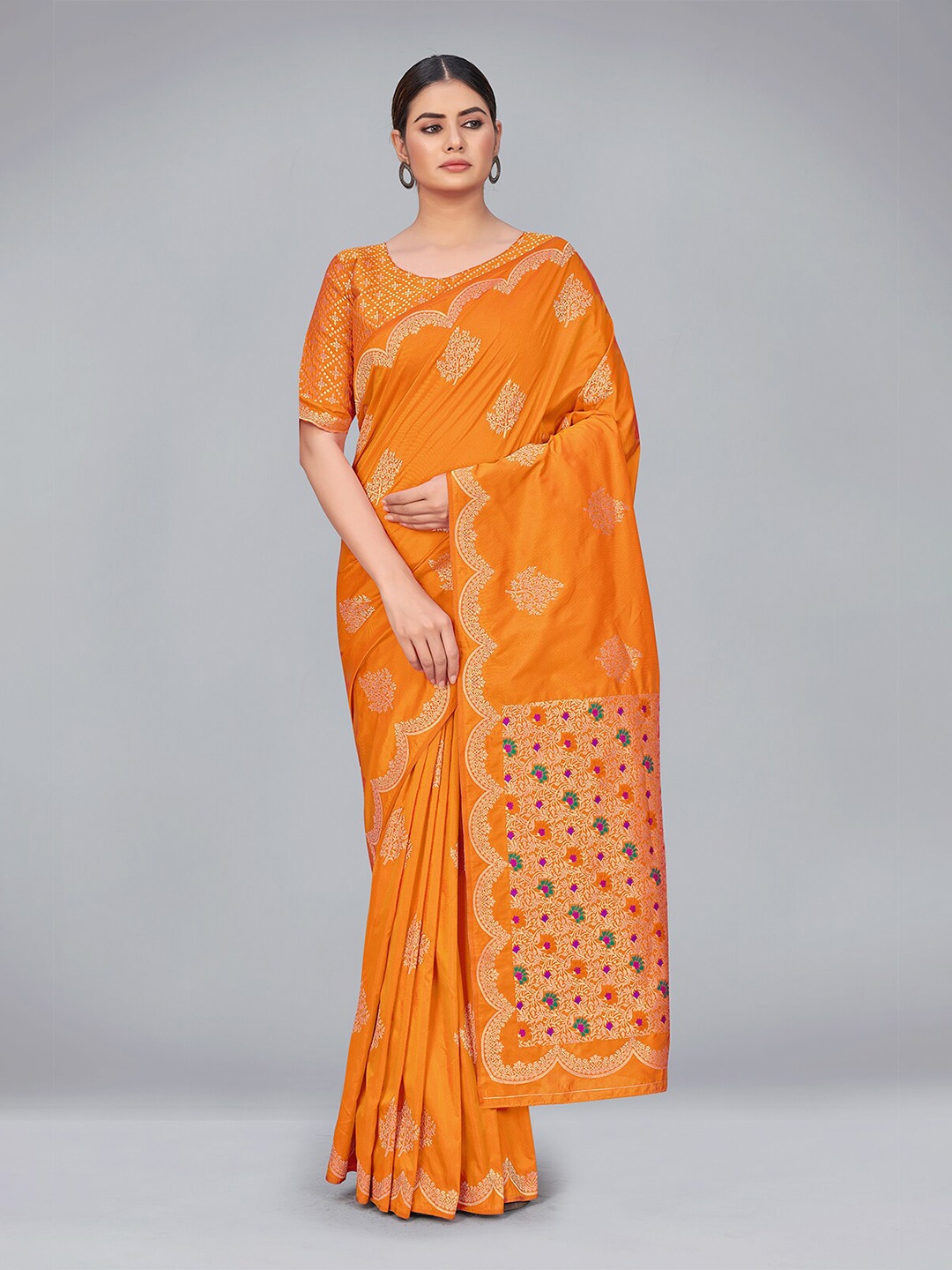 

MONJOLIKA FASHION Orange & Gold-Toned Woven Design Zari Silk Blend Banarasi Saree