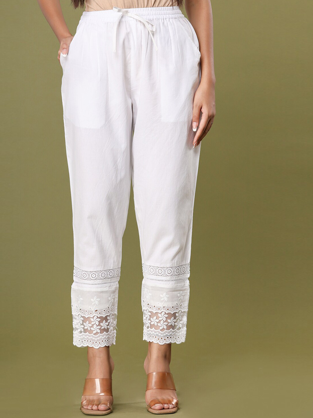 

KAAJH Women White Embroidered Trousers