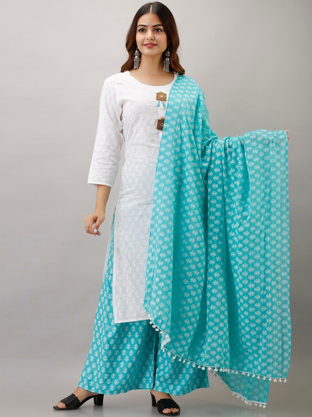 

BARKHA FAB Women White Ethnic Motifs Empire Kurti with Sharara & With Dupatta