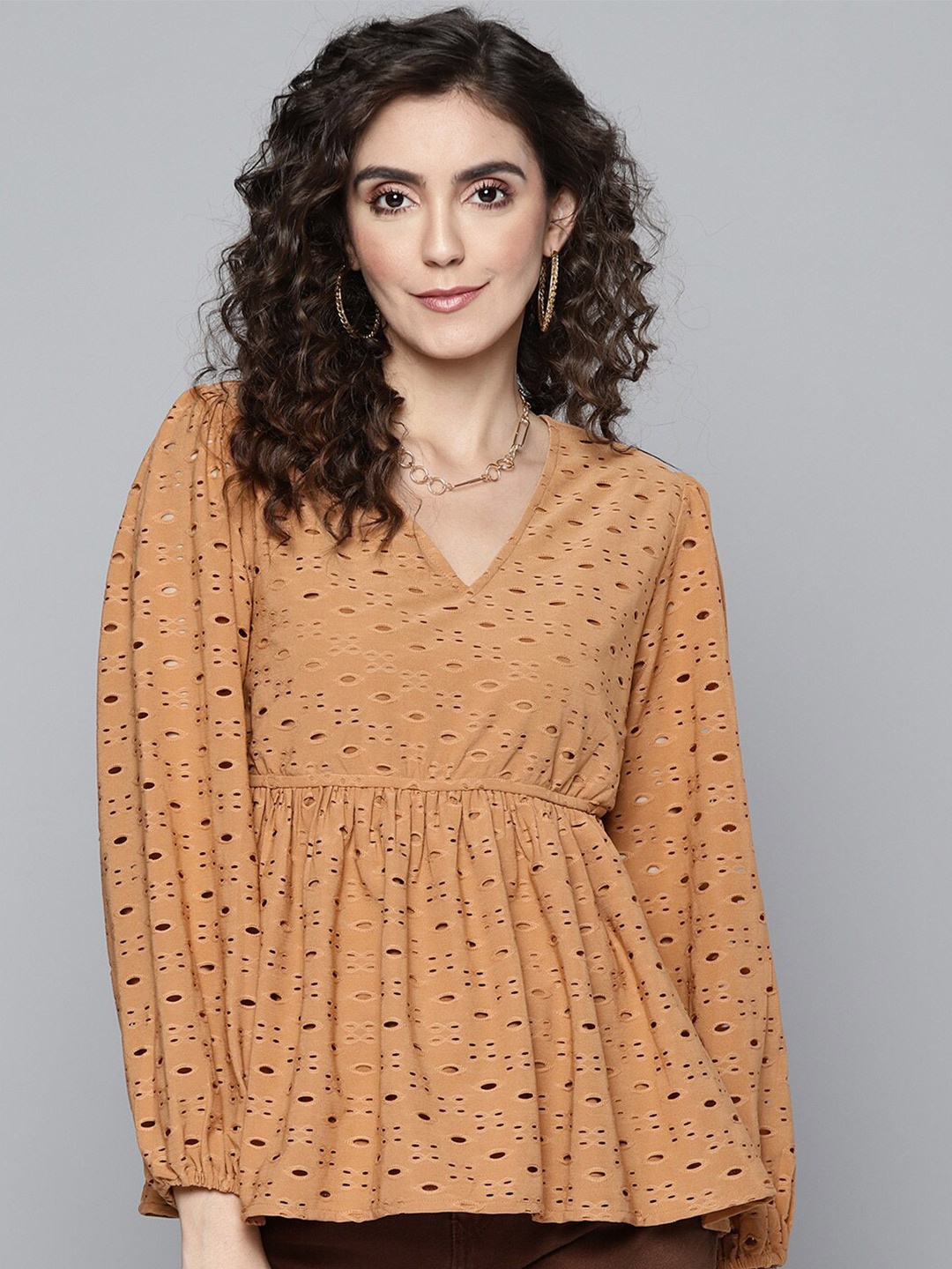 

SASSAFRAS Brown Geometric Schiffli Empire Top