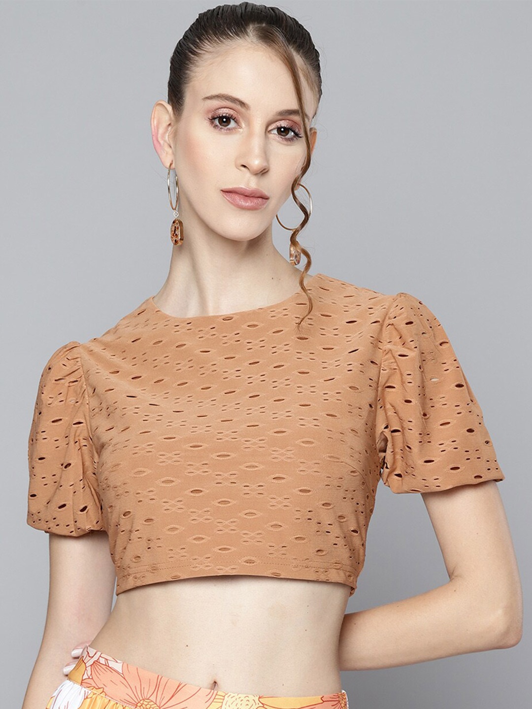 

SASSAFRAS Brown Embellished Schiffli Crop Top