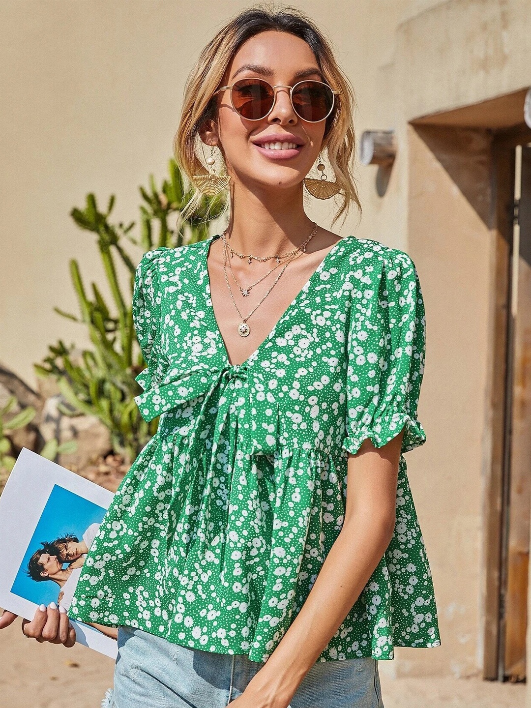 

La Aimee Green Floral Print Empire Top