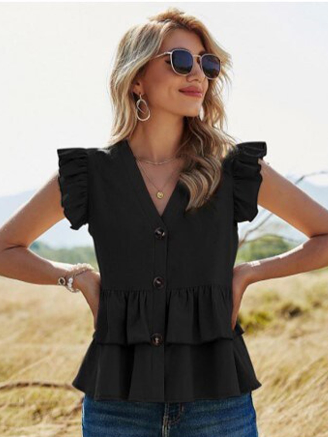 

La Aimee Black Solid A-Line Top