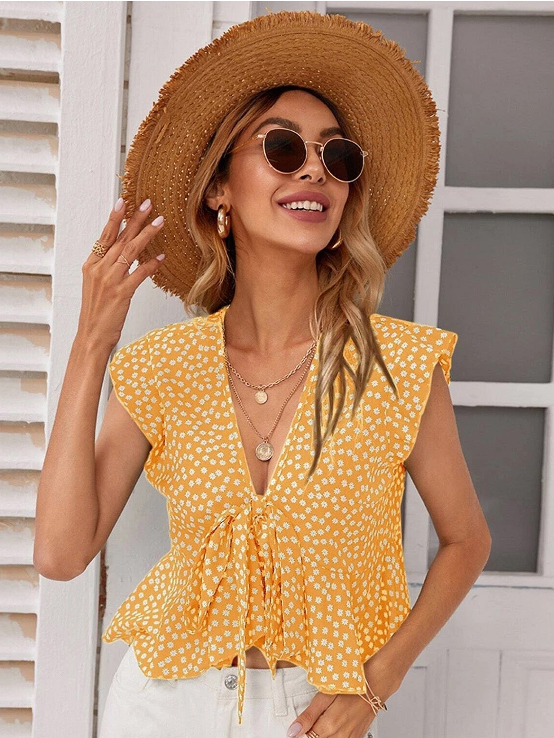 

La Aimee Yellow Print Cinched Waist Top
